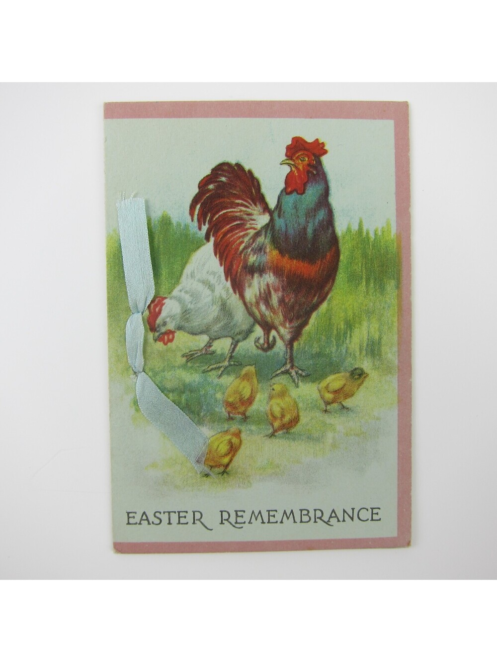 Easter Greeting Card Rooster Chicken & Yellow Chicks Blue Ribbon Bi-fold Antique